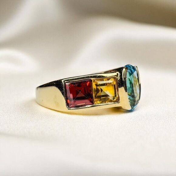 VINTAGE- 10K Gold -Multi Gemstone Ring -Sz 5 Rainbow Ring -Topaz Garnet Amethyst - Picture 3 of 16